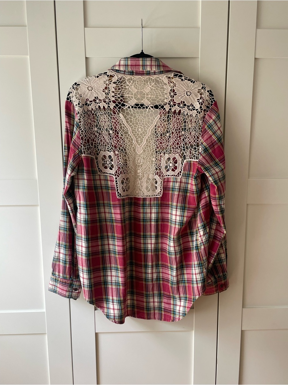 Vintage-style Altar'd State Lace Detailed Plaid Button-Down Shirt